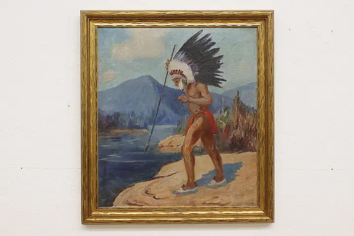 Indian Spear Fishing Vintage Original Oil Painting 33" #50941
