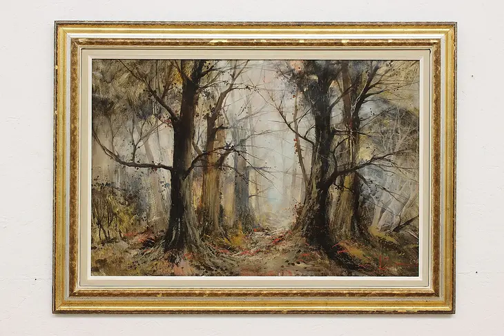 Misty Forest Vintage Original Oil Painting, Signed 44" #50939