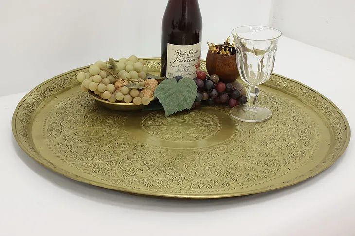 Persian Vintage Embossed Brass Banquet Serving Tray #50994