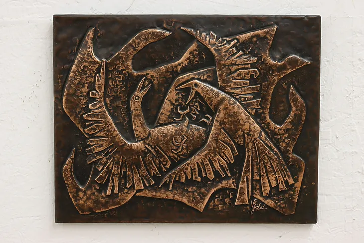 Fighting Birds Vintage Copper Relief Plaque, Signed #50331