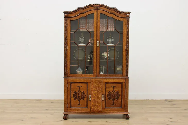 Tudor Design Antique Carved Oak China Display Cabinet, Kings #51212