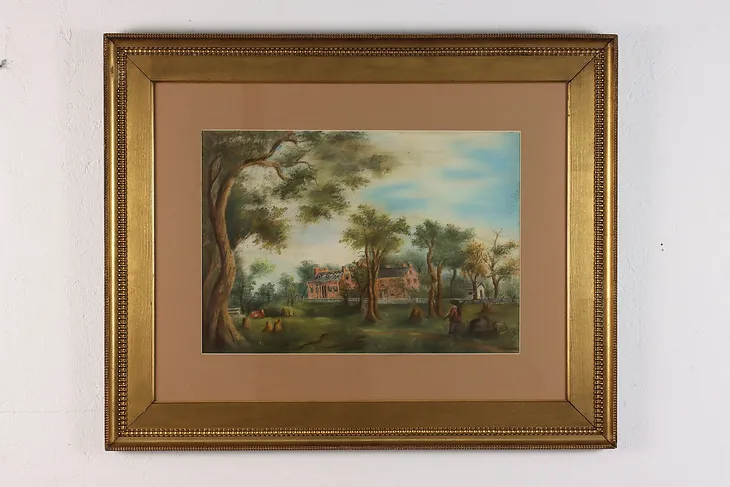 Victorian Farmyard Antique Original Pastel Painting 32" #50627