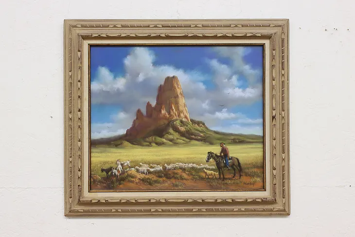 Shiprock Cowboy Vintage Original Pastel Painting Harby 31" #51467