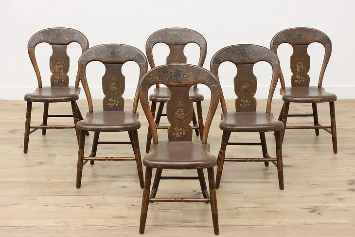 Set of 6 Antique Farmhouse Folk Art Painted Dining Chairs #51459