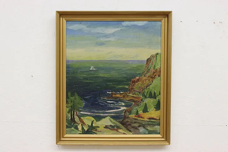 Boat in Lagoon Vintage Original Oil Painting, Signed 27.5" #51472