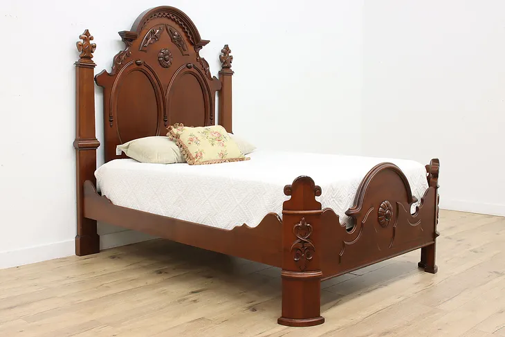 Queen Size Antique Carved Walnut Victorian Bed #50554