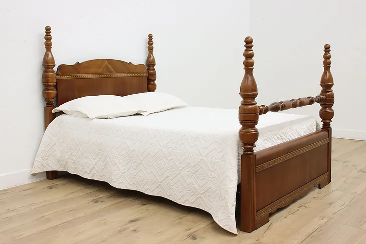 Art Deco Vintage Walnut & Mahogany Full Size Bed (1)