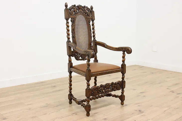 Tudor Design Antique Carved Birch & Leather Armchair Cherubs #51503