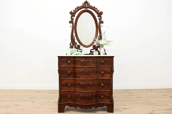 Victorian Antique Marble Top Walnut Dresser & Swivel Mirror #51342