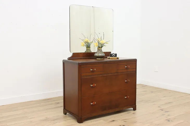 Art Deco Vintage Walnut Dresser or Chest & Mirror, Kroehler #51098