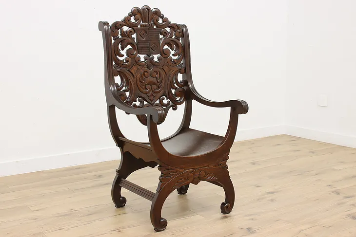 Tudor Design Antique Carved Oak Throne Chair, Coat of Arms #51505