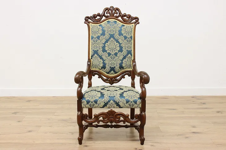 French Design Antique Carved Walnut Throne Chair, New Fabric #50633