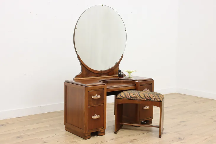 Art Deco Vintage Walnut Vanity or Dresser & Bench, Signed #51158