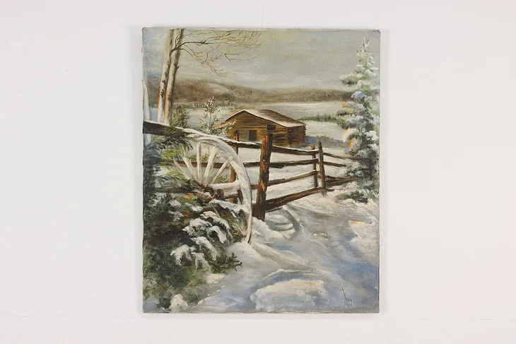 Winter Cabin Vintage Original Oil Painting Signed 24" #51721