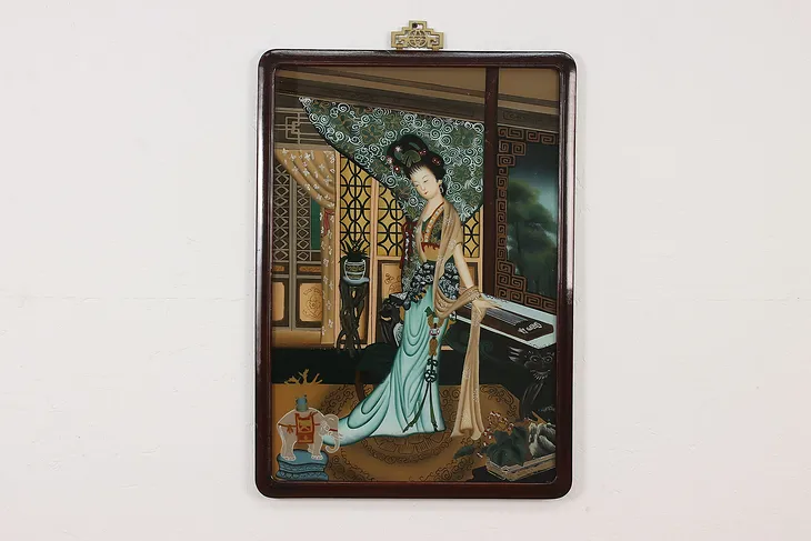 Chinese Musician Vintage Reserve Painted Glass Portrait 28" #51580