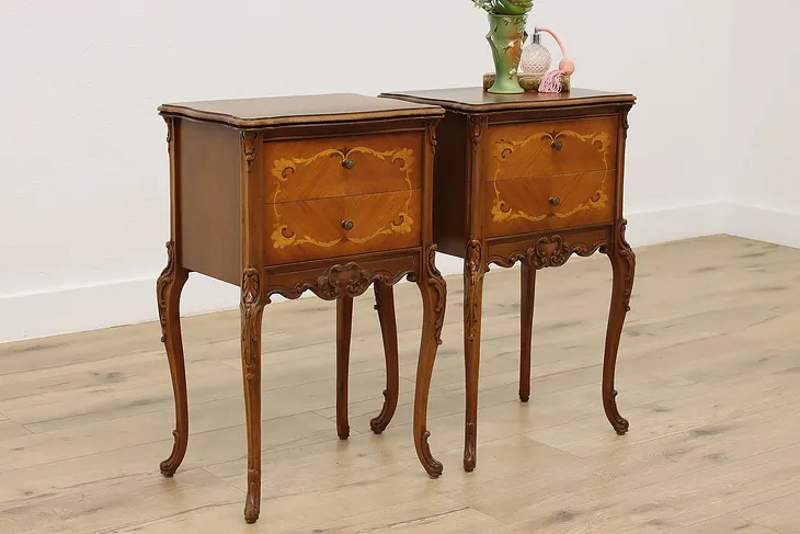 Pair of French Design Vintage Carved Nightstands, End Tables #51591