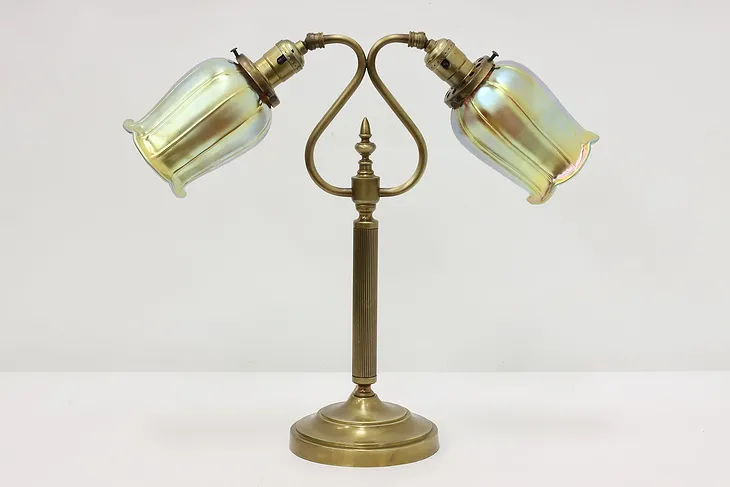 Art Nouveau Antique Double Desk Lamp Tulip Art Glass Shades #51315