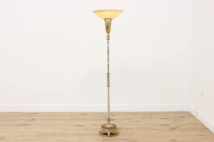 French Design Vintage Frosted Shade Torchiere Floor Lamp #48389