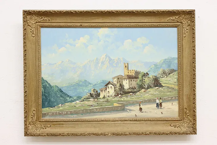 Italian Beach Villa Vintage Original Oil Painting Signed 44" #51773