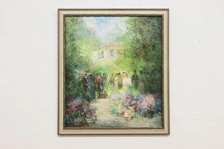 Spring Garden Party Vintage Original Oil Painting Bauer 35" #51294