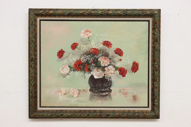 Red & Pink Flowers Vintage Original Oil Painting Yaros 36.5" #51733