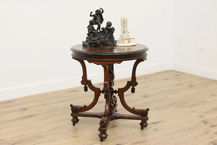 Victorian Antique Marquetry Center Entry Table, Instruments #51778