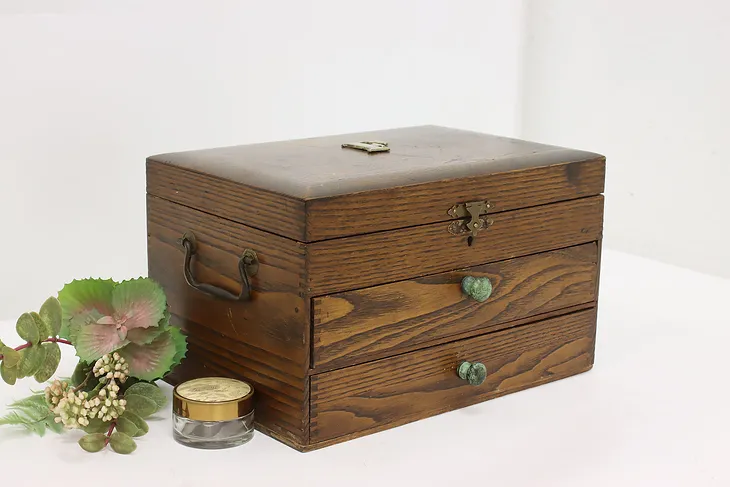 Farmhouse Antique Ash Jewelry, Collector Chest, Brass F Mono #51518