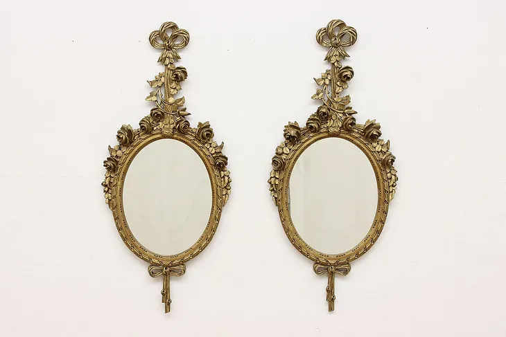 Pair French Antique Hall or Bath Wall Mirrors, Carved Roses #51108