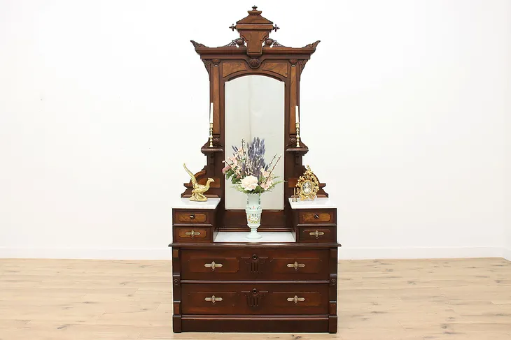 Victorian Eastlake Antique Walnut Marble Top Chest, Dresser #50647