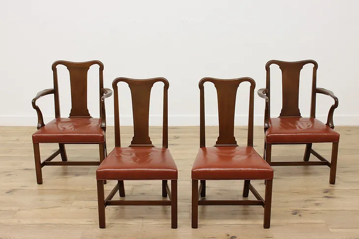 Set of 4 Vintage Leather & Mahogany Dining Chairs, Kittinger #51737