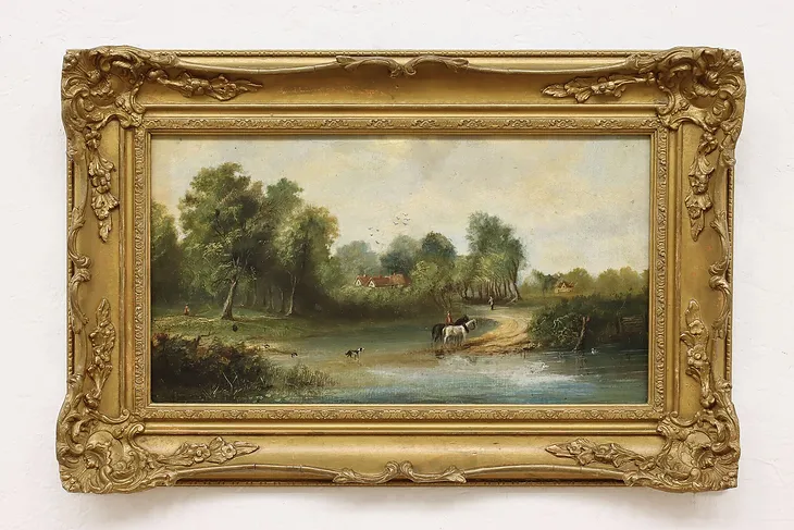 Country Village & Horses Antique Original Oil Painting 23" #50791