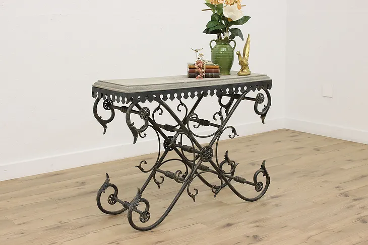 Iron Vintage Baker Table, Sofa or Hall Console, Cast Stone  #51928