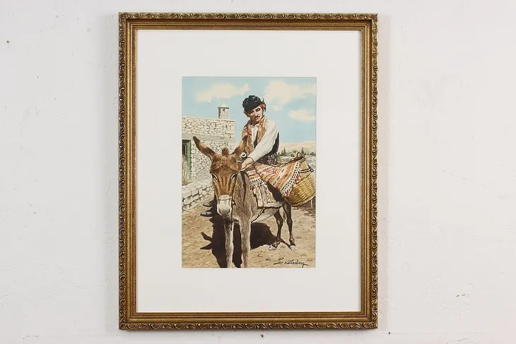 Man & Donkey Vintage Original Watercolor, Vassiliou 22.5" #50144