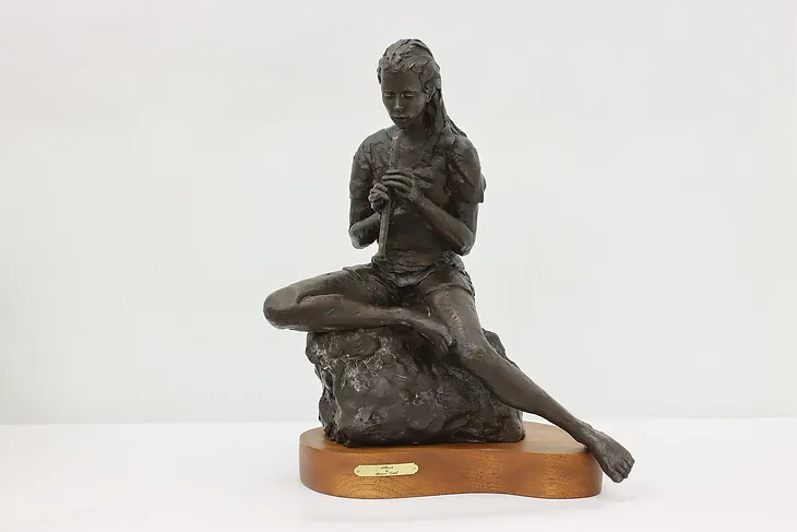 Bronze Girl Playing Flute Vintage Sculpture, Vertel #47739