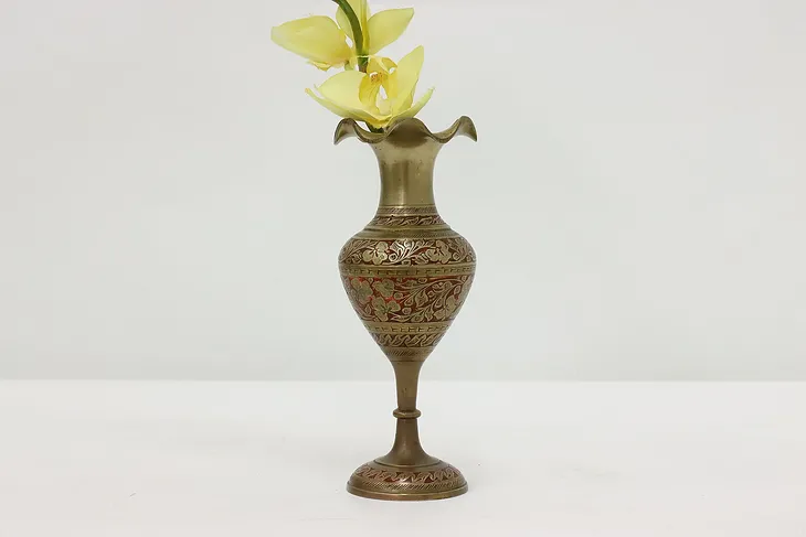 Middle Eastern Vintage Brass Vase, Enamel Flowers #52095