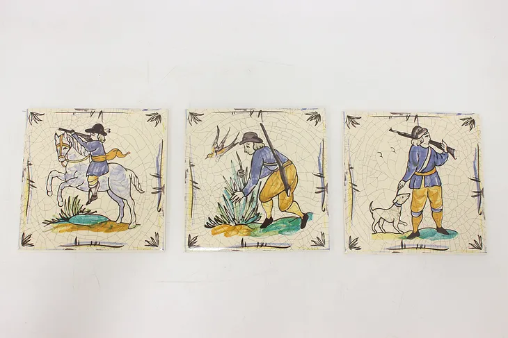 Set of 3 German Vintage Painted Ceramic Tiles, Villeroy Boch #49670