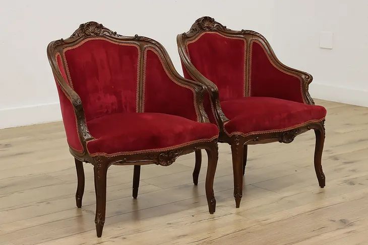 Pair of French Antique Carved Walnut & Velvet Chairs #50742