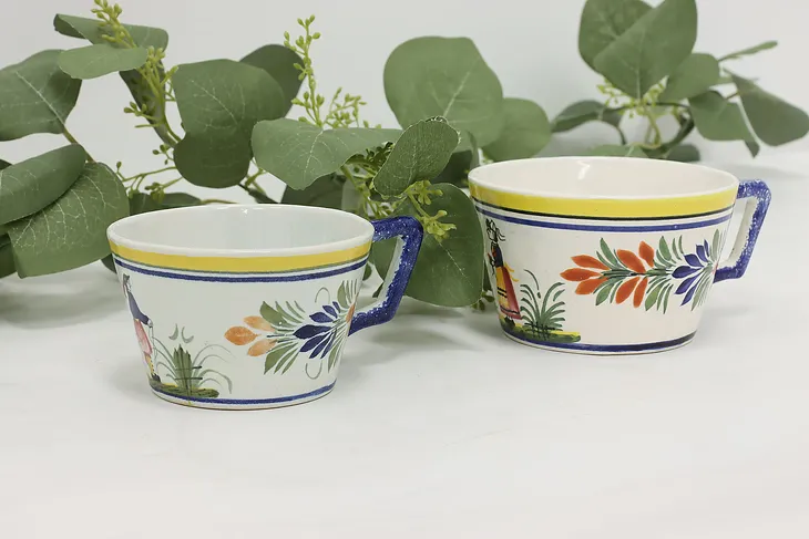 Pair of French Vintage Hand Painted Quimper Coffee Soup Cups #51385