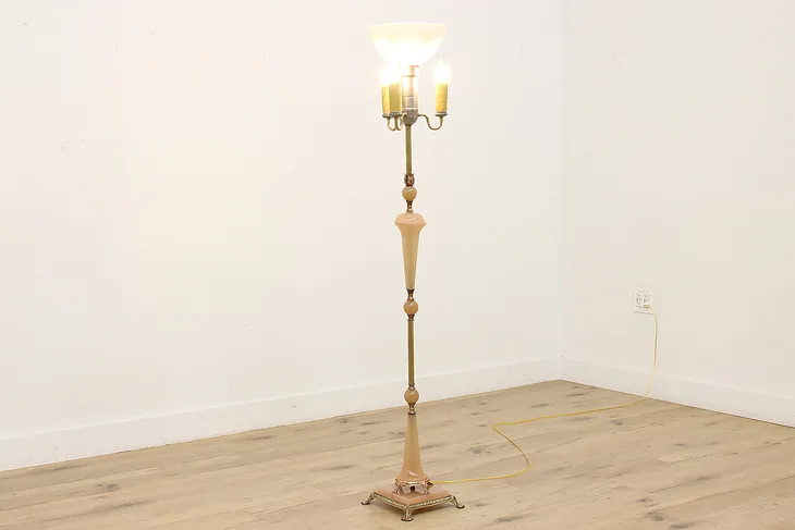 Art Deco Antique Rose Glass & Brass Torchiere Floor Lamp #51983