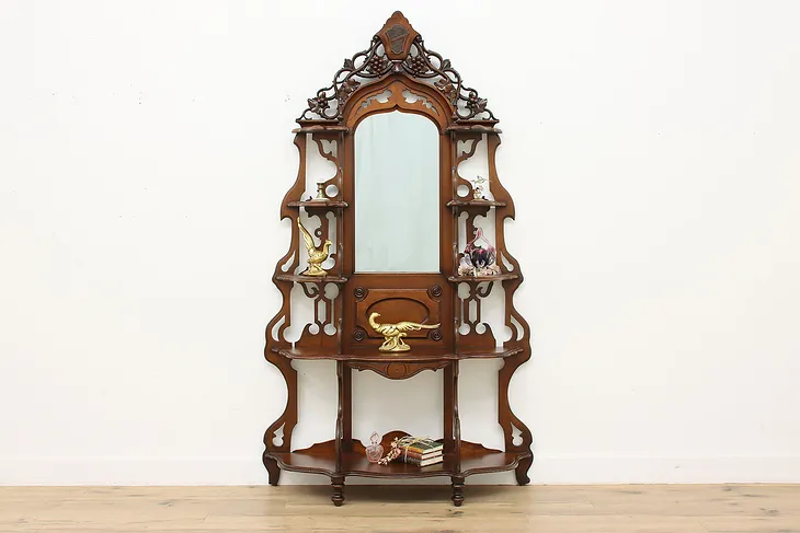 Victorian Antique Carved Walnut Etagere Curio Display Mirror #52156