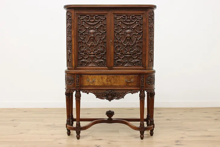 Renaissance Design Antique Carved Walnut China, Bar Cabinet #51945