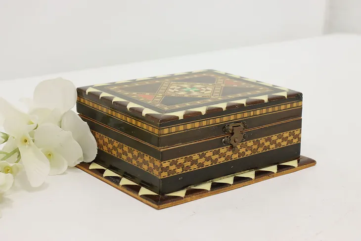 Spanish Vintage Mosaic & Bone Inlay Jewelry Keepsake Box #52165