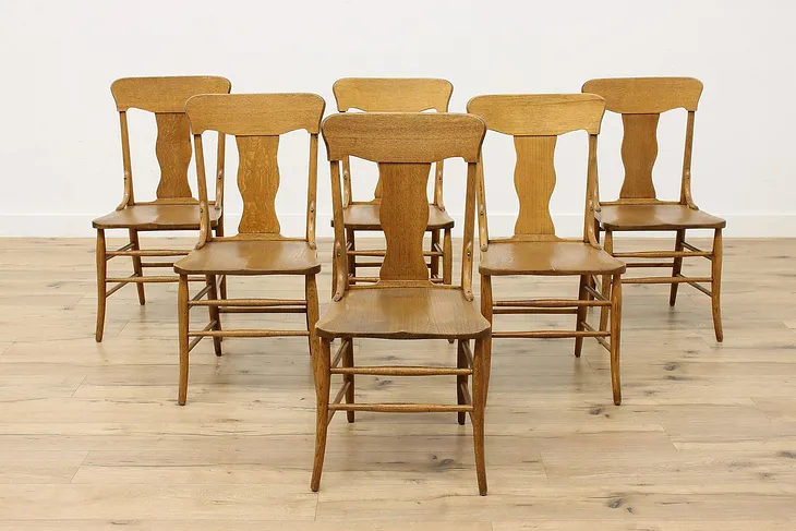 Set of 6 Antique Victorian Farmhouse Oak Dining Chairs #52290