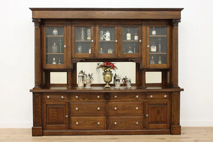 Classical Antique Carved Oak 9' Backbar, Server or Sideboard #52089