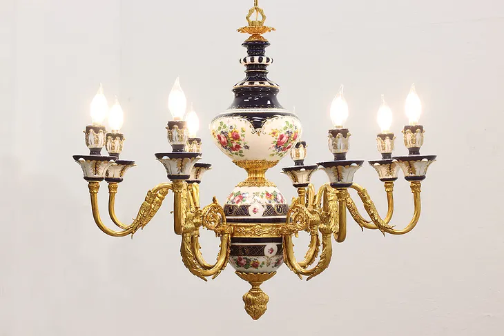 French Design Cobalt Porcelain & Brass Vintage Chandelier #52330