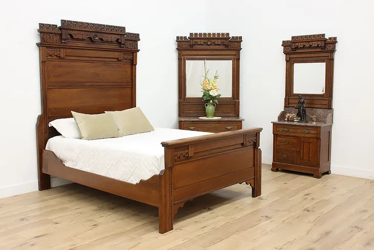 Victorian Eastlake Antique 3 Pc Bedroom Set Queen Bed Marble #51956