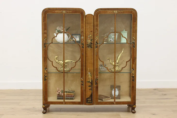 English Art Deco Vintage Curio Display Cabinet, Asian Motifs #52353