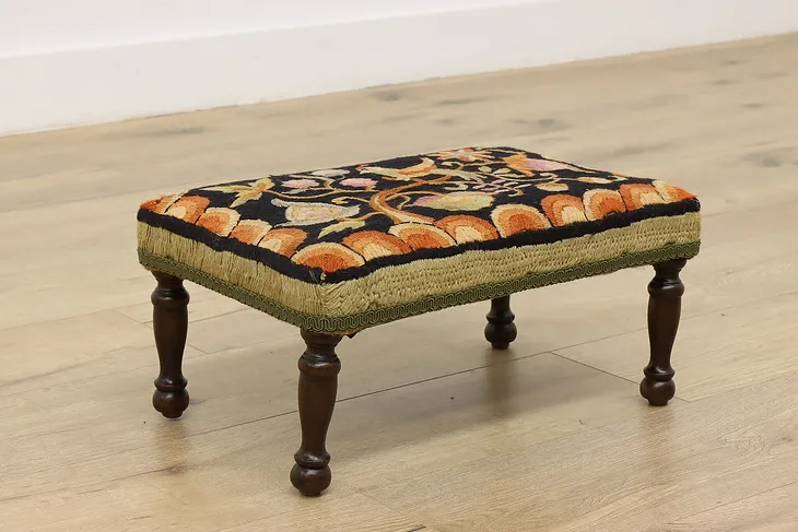 Traditional Antique Footstool, Handstitched Birds Tapestry #52384