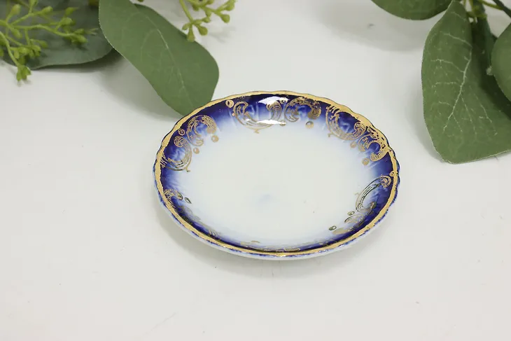 Victorian Antique Flow Blue China Butter Pat, Gold Accents #49659