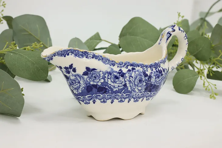 Victorian Antique Flow Blue Porcelain Gravy Boat, Chester #48997